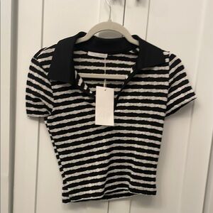 Zara Black and White Striped Polo Shirt